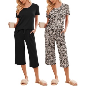 image:imageEkouaer 2 Pack Womens Pajamas Set Short Sleeve Sleepwear Capri Pants Pjs Soft Loungewear with PocketsBlack  Leopard