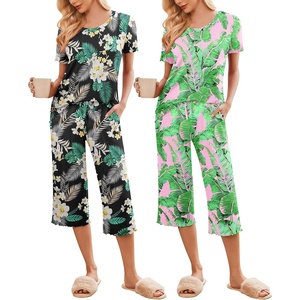 image:imageEkouaer 2 Pack Womens Pajamas Set Short Sleeve Sleepwear Capri Pants Pjs Soft Loungewear with PocketsBlack Flower  Green Leaf