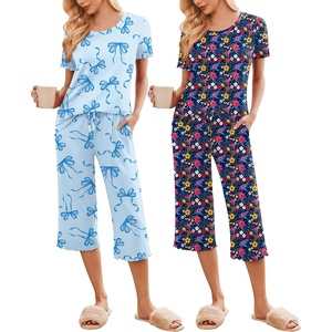 image:imageEkouaer 2 Pack Womens Pajamas Set Short Sleeve Sleepwear Capri Pants Pjs Soft Loungewear with PocketsBlue BowNavy Bloom