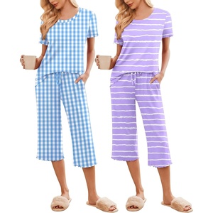 image:imageEkouaer 2 Pack Womens Pajamas Set Short Sleeve Sleepwear Capri Pants Pjs Soft Loungewear with PocketsBlue PlaidPurple Stripe