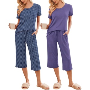 image:imageEkouaer 2 Pack Womens Pajamas Set Short Sleeve Sleepwear Capri Pants Pjs Soft Loungewear with PocketsBlue StripeNavy Dots