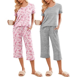 image:imageEkouaer 2 Pack Womens Pajamas Set Short Sleeve Sleepwear Capri Pants Pjs Soft Loungewear with PocketsButterfly  Gray Stripe