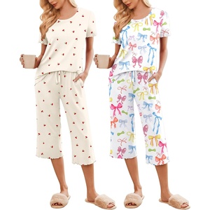 image:imageEkouaer 2 Pack Womens Pajamas Set Short Sleeve Sleepwear Capri Pants Pjs Soft Loungewear with PocketsCherryColorful Bow