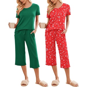 image:imageEkouaer 2 Pack Womens Pajamas Set Short Sleeve Sleepwear Capri Pants Pjs Soft Loungewear with PocketsGreenRed Christmas Print