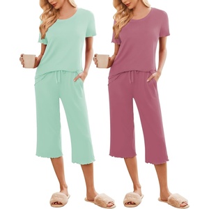 image:imageEkouaer 2 Pack Womens Pajamas Set Short Sleeve Sleepwear Capri Pants Pjs Soft Loungewear with PocketsLight GreenDusty Rose