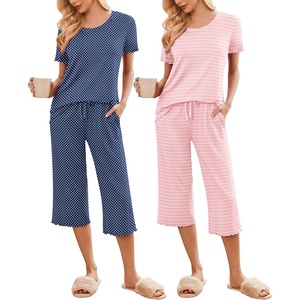 image:imageEkouaer 2 Pack Womens Pajamas Set Short Sleeve Sleepwear Capri Pants Pjs Soft Loungewear with PocketsPink StripeNavy Dots