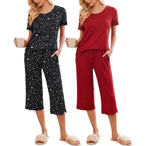 image:imageEkouaer 2 Pack Womens Pajamas Set Short Sleeve Sleepwear Capri Pants Pjs Soft Loungewear with PocketsRedBlack Star