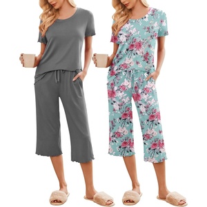 image:imageEkouaer 2 Pack Womens Pajamas Set Short Sleeve Sleepwear Capri Pants Pjs Soft Loungewear with PocketsRose Print  Grey
