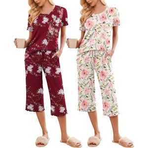 image:imageEkouaer 2 Pack Womens Pajamas Set Short Sleeve Sleepwear Capri Pants Pjs Soft Loungewear with PocketsWine Flower  Pink Floral