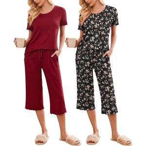 image:imageEkouaer 2 Pack Womens Pajamas Set Short Sleeve Sleepwear Capri Pants Pjs Soft Loungewear with PocketsWine Red  Floral
