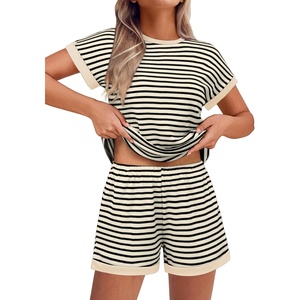 image:imageEkouaer 2 Piece Sets for Women Summer Outfits Cute Stripe Knit T Shirts Shorts Matching Lounge SetBeige Striped