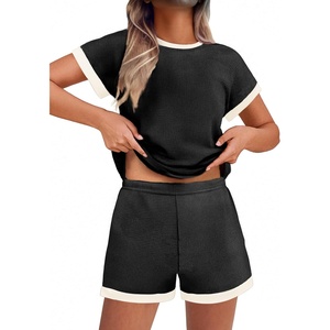 image:imageEkouaer 2 Piece Sets for Women Summer Outfits Cute Stripe Knit T Shirts Shorts Matching Lounge SetBlack