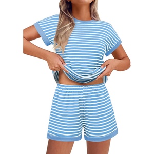 image:imageEkouaer 2 Piece Sets for Women Summer Outfits Cute Stripe Knit T Shirts Shorts Matching Lounge SetBlue Striped