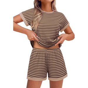 image:imageEkouaer 2 Piece Sets for Women Summer Outfits Cute Stripe Knit T Shirts Shorts Matching Lounge SetBrown