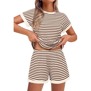 image:imageEkouaer 2 Piece Sets for Women Summer Outfits Cute Stripe Knit T Shirts Shorts Matching Lounge SetBrown Striped