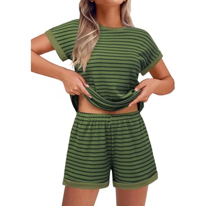 image:imageEkouaer 2 Piece Sets for Women Summer Outfits Cute Stripe Knit T Shirts Shorts Matching Lounge SetGreen Striped