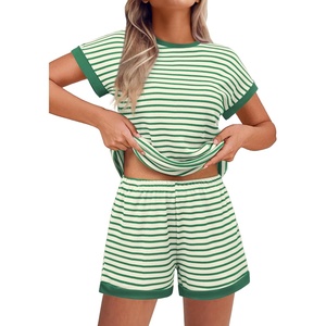 image:imageEkouaer 2 Piece Sets for Women Summer Outfits Cute Stripe Knit T Shirts Shorts Matching Lounge SetGreen White Striped