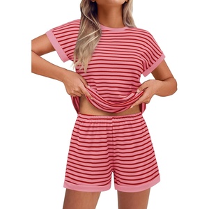 image:imageEkouaer 2 Piece Sets for Women Summer Outfits Cute Stripe Knit T Shirts Shorts Matching Lounge SetHot Pink Striped