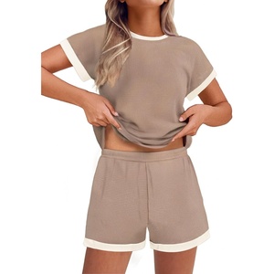 image:imageEkouaer 2 Piece Sets for Women Summer Outfits Cute Stripe Knit T Shirts Shorts Matching Lounge SetKhaki