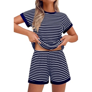 image:imageEkouaer 2 Piece Sets for Women Summer Outfits Cute Stripe Knit T Shirts Shorts Matching Lounge SetNavy Striped
