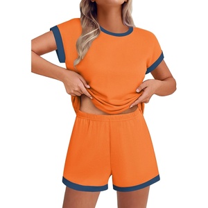 image:imageEkouaer 2 Piece Sets for Women Summer Outfits Cute Stripe Knit T Shirts Shorts Matching Lounge SetOrange