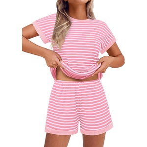 image:imageEkouaer 2 Piece Sets for Women Summer Outfits Cute Stripe Knit T Shirts Shorts Matching Lounge SetPink Striped