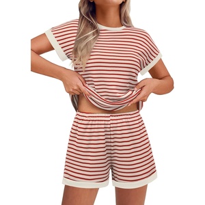 image:imageEkouaer 2 Piece Sets for Women Summer Outfits Cute Stripe Knit T Shirts Shorts Matching Lounge SetRed Striped