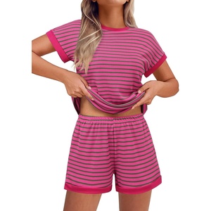 image:imageEkouaer 2 Piece Sets for Women Summer Outfits Cute Stripe Knit T Shirts Shorts Matching Lounge SetRose Pink Striped