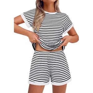 image:imageEkouaer 2 Piece Sets for Women Summer Outfits Cute Stripe Knit T Shirts Shorts Matching Lounge SetWhite Striped