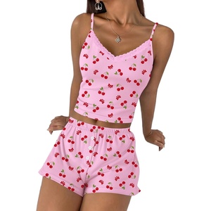 image:imageEkouaer Cami Pajama Sets Y2K 2 Piece Lace Crop Top and Shorts Sexy Pjs Summer Lingerie Sleepwear Nightwear for WomenCherry Pink
