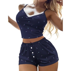 image:imageEkouaer Cami Pajama Sets Y2K 2 Piece Lace Crop Top and Shorts Sexy Pjs Summer Lingerie Sleepwear Nightwear for WomenFlowers Navy Blue