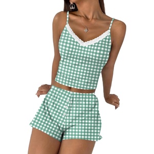 image:imageEkouaer Cami Pajama Sets Y2K 2 Piece Lace Crop Top and Shorts Sexy Pjs Summer Lingerie Sleepwear Nightwear for WomenGreen White Plaid