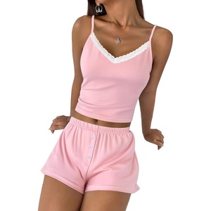 image:imageEkouaer Cami Pajama Sets Y2K 2 Piece Lace Crop Top and Shorts Sexy Pjs Summer Lingerie Sleepwear Nightwear for WomenLight Rose