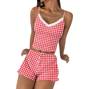 image:imageEkouaer Cami Pajama Sets Y2K 2 Piece Lace Crop Top and Shorts Sexy Pjs Summer Lingerie Sleepwear Nightwear for WomenRed White Plaid