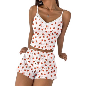 image:imageEkouaer Cami Pajama Sets Y2K 2 Piece Lace Crop Top and Shorts Sexy Pjs Summer Lingerie Sleepwear Nightwear for WomenStrawberry White
