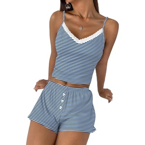 image:imageEkouaer Cami Pajama Sets Y2K 2 Piece Lace Crop Top and Shorts Sexy Pjs Summer Lingerie Sleepwear Nightwear for WomenStripe Blue White