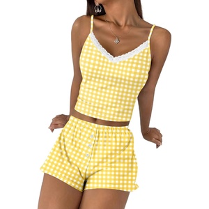 image:imageEkouaer Cami Pajama Sets Y2K 2 Piece Lace Crop Top and Shorts Sexy Pjs Summer Lingerie Sleepwear Nightwear for WomenYellow White Plaid
