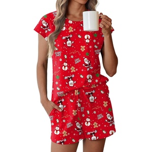 image:imageEkouaer Cotton Pajamas for Women Set 2 Piece Cap Sleeve Pjs Shorts Set Lounge Sets Sleepwear SXXLRed Christmas Pattern