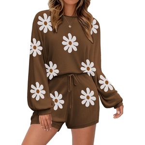 image:imageEkouaer Knit Pajamas Set for Women Lounge Wear Sets Long Sleeve Sweatsuit Matching 2 Piece Outfits Casual Sweater Sets SXXLFloral Brown
