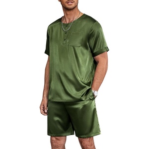 image:imageEkouaer Mens Pajamas Set Silk Satin Pjs Sets Summer Short Sleeve Button Down Sleepwear 2 Piece Loungewear with PocketsArmy Green