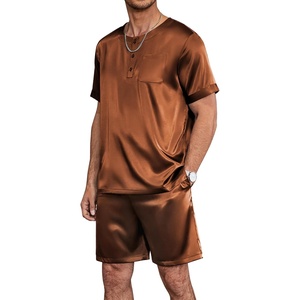 image:imageEkouaer Mens Pajamas Set Silk Satin Pjs Sets Summer Short Sleeve Button Down Sleepwear 2 Piece Loungewear with PocketsBrown