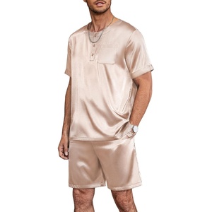image:imageEkouaer Mens Pajamas Set Silk Satin Pjs Sets Summer Short Sleeve Button Down Sleepwear 2 Piece Loungewear with PocketsChampagne