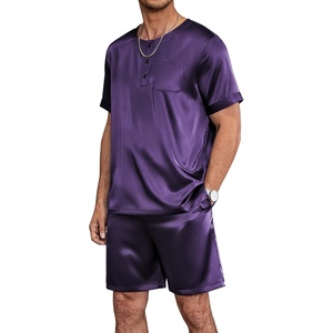image:imageEkouaer Mens Pajamas Set Silk Satin Pjs Sets Summer Short Sleeve Button Down Sleepwear 2 Piece Loungewear with PocketsDeep Purple