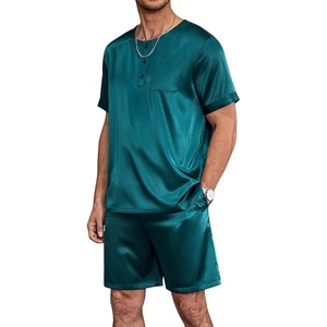 image:imageEkouaer Mens Pajamas Set Silk Satin Pjs Sets Summer Short Sleeve Button Down Sleepwear 2 Piece Loungewear with PocketsGreen