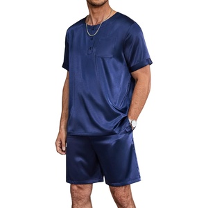 image:imageEkouaer Mens Pajamas Set Silk Satin Pjs Sets Summer Short Sleeve Button Down Sleepwear 2 Piece Loungewear with PocketsNavy Blue