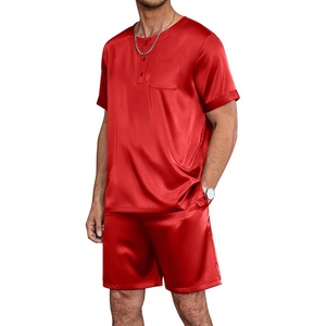 image:imageEkouaer Mens Pajamas Set Silk Satin Pjs Sets Summer Short Sleeve Button Down Sleepwear 2 Piece Loungewear with PocketsRed