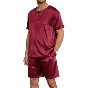 image:imageEkouaer Mens Pajamas Set Silk Satin Pjs Sets Summer Short Sleeve Button Down Sleepwear 2 Piece Loungewear with PocketsWine Red