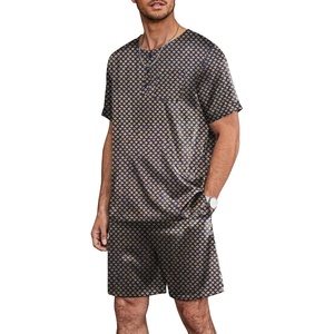 image:imageEkouaer Mens Pajamas Set Silk Satin Pjs Sets Summer Short Sleeve Button Down Sleepwear 2 Piece Loungewear with PocketsYellow Geometric