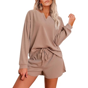image:imageEkouaer Pajama Set for Women Waffle Knit Lounge Sets Long Sleeve Top and Shorts Sleepwear Matching Loungewear SXXLBeige