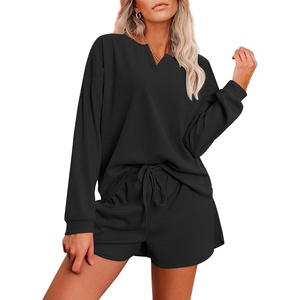 image:imageEkouaer Pajama Set for Women Waffle Knit Lounge Sets Long Sleeve Top and Shorts Sleepwear Matching Loungewear SXXLBlack